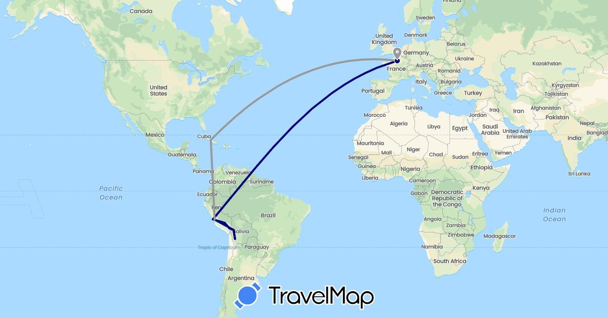 TravelMap itinerary: driving, plane in Bolivia, Cuba, France, Peru (Europe, North America, South America)